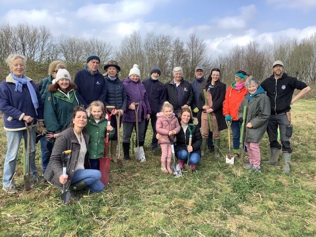 Cllrs Tom Holway, Cllr Rosemary Rowe, Cllr Hilary Bastone, Drew Powell and tree planters