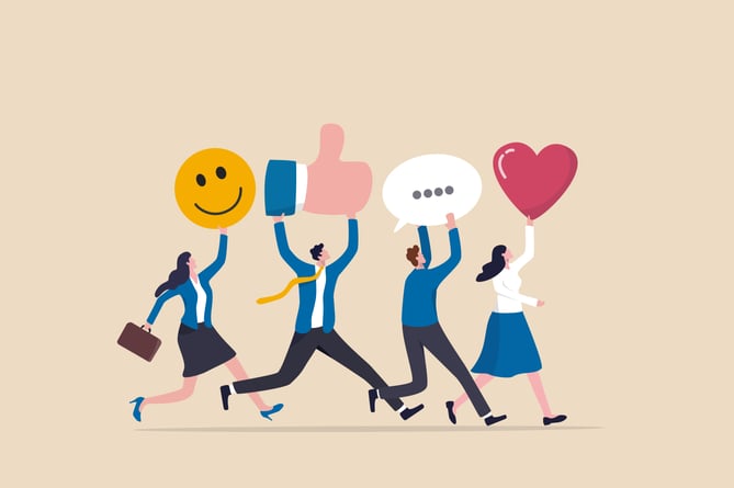 Social media team, community management or online advertising, manage social network or communication concept, business people social media team holding thumb up, love, speech bubble and smile sign.