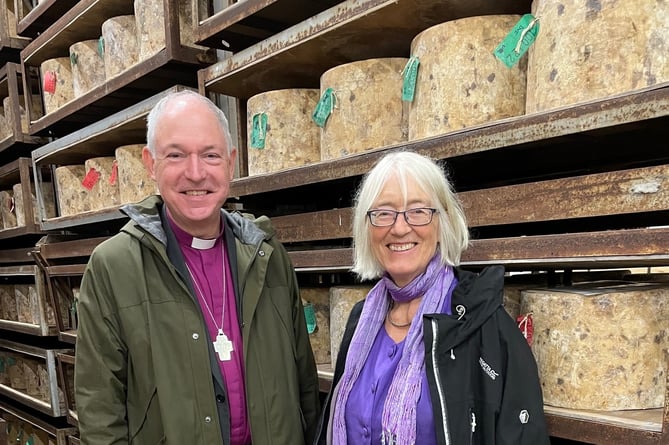The Rt Rev Robert Atwell with Mary Quicke, Managing Director of Quicke’s Cheese at Newton St Cyres.
