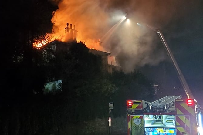 Firefighters tackling a blaze at the  derelict Coppice Hotel in Torquay last night.  ©Totnes Fire Station