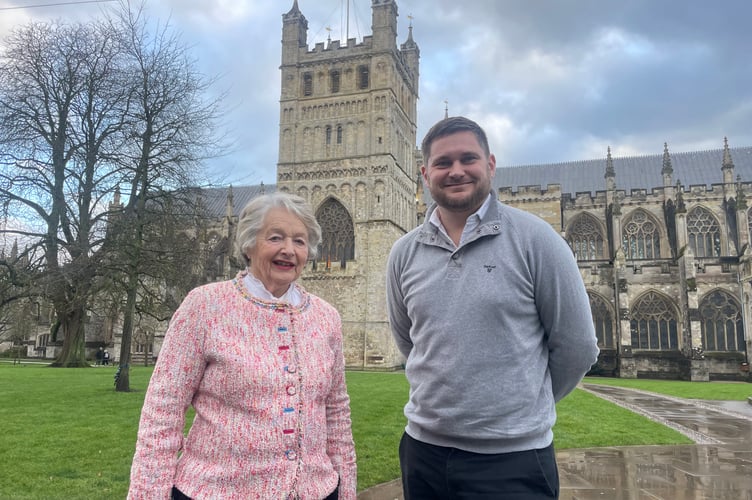 Anne Eyre and Matthew Cousins in front of the Cathedral’s North Tower. AQ 7754