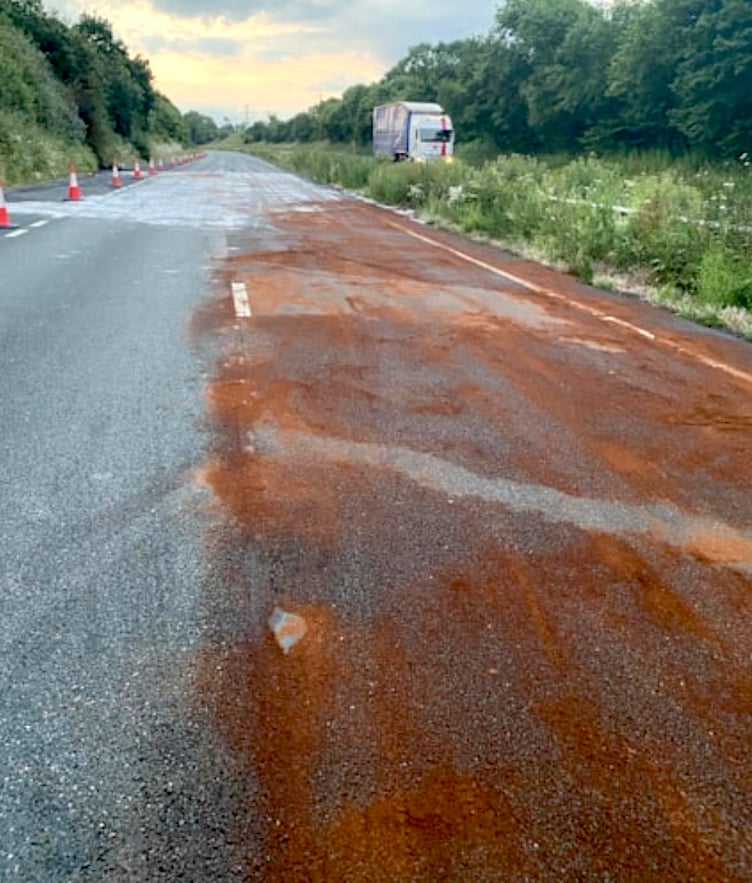 Damage to the A38 following last night's HGV fire
