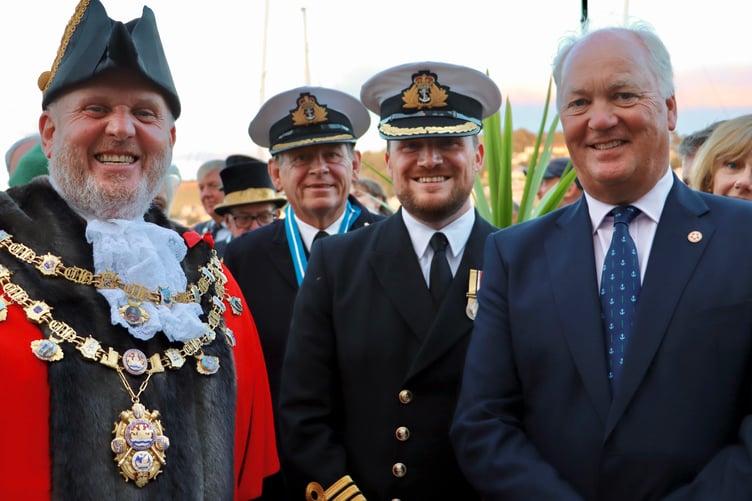 Mayor of Dartmouth Cllr David Wells, High Sheriff of Devon Commodore Jake Moores, commanding officer of Britannia Royal Naval College Captain Andrew Bray and Deputy Lieutenant of Devon Mark Dowie.