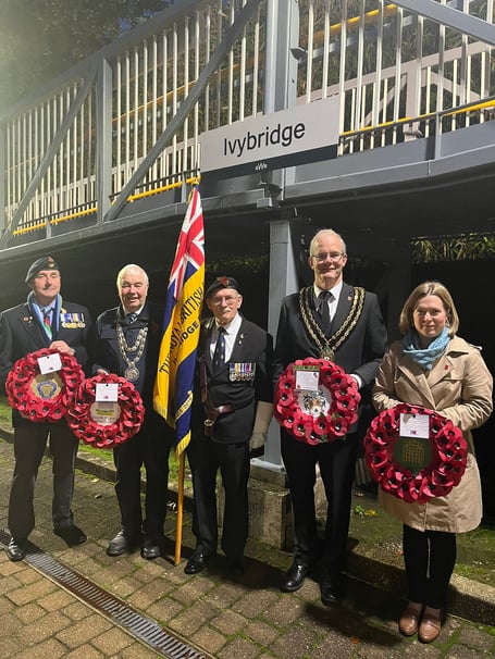 Rebecca Smith MP (right), Chair of South Hams District Council, Cllr Bernard Taylor, Ivybridge Town Council Mayor, Cllr Alan Spencer and veterans from RBL's Ivybridge branch