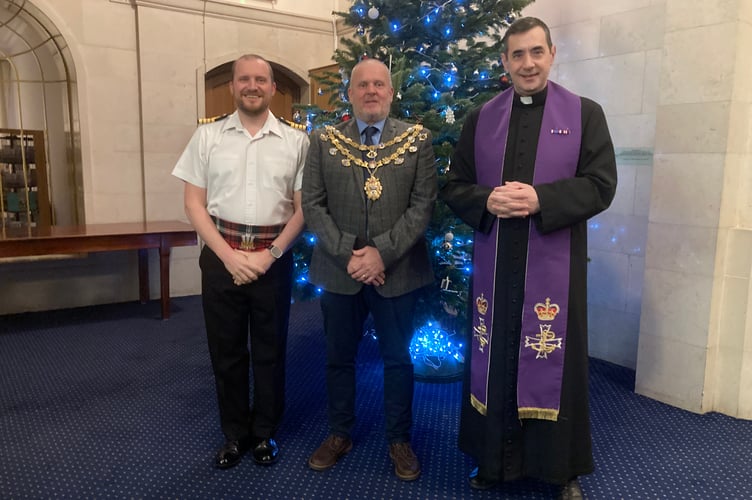 L to R: Captain BRNC Andy Bray, Mayor of Dartmouth David Wells and BRNC Roman Catholic Chaplain Father Robert Matau