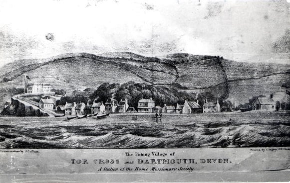 'The Fishing Village of Torcross, near Dartmouth, Devon. ' A Station of the Home Missionary Society'.  Drawn from the sea, shows boats pulled up on beach and road running around the point behind the Torcross Hotel.
