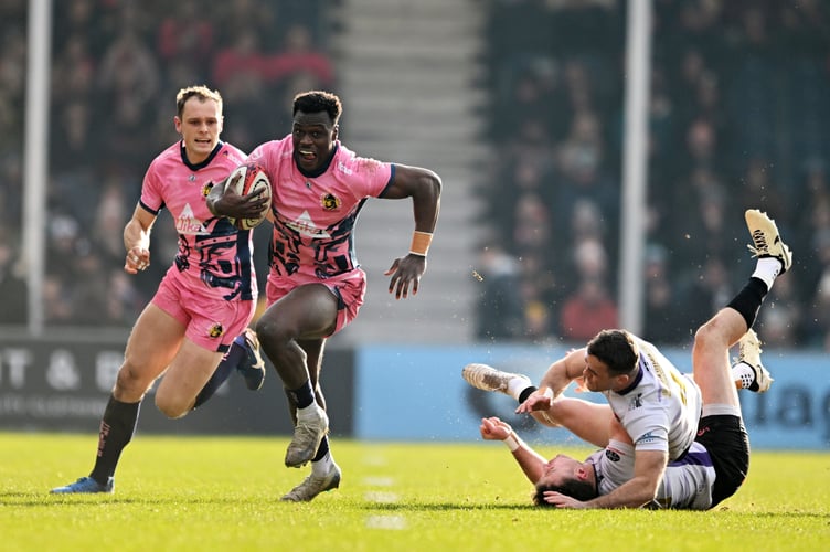 Paul Brown-Bampoe in action for the Exeter Chiefs during their Premiership Rugby Cup clash with the Cornish Pirates at Sandy Park