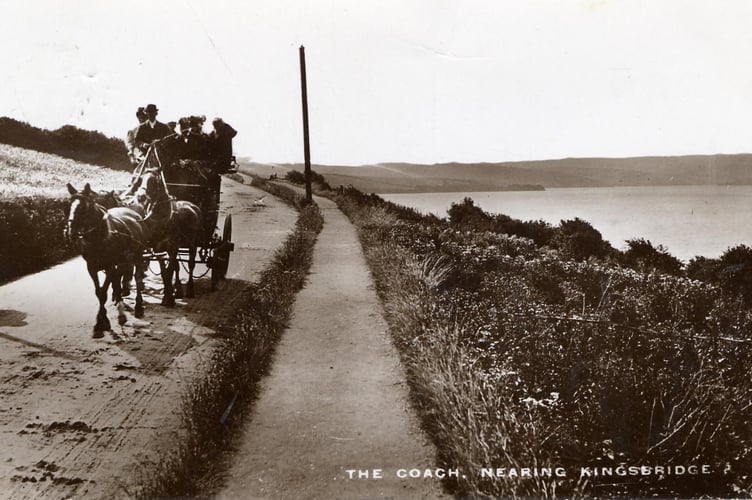 Around 1912 a coach drawn by two horses nearing Kingsbridge along Embankment Road, looking south.  Approximately at present entrance to Warren Road.  Shows unmade road surface and pavement.