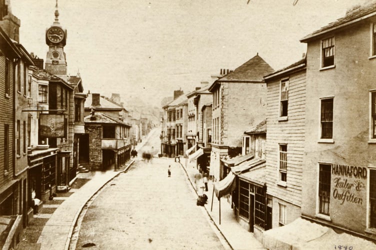Fore Street, Kingsbridge - view to north. Wall hung street lamps not yet installed (1880 circa)