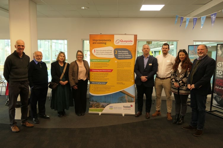 Pictured left to right: South Hams District Council's Senior Leisure Contracts Officer, Jon Parkinson, Cllrs Vic Abbott and Denise O'Callaghan, Kingsbridge Community College principal Tina Graham, Fusion Lifestyle's regional commercial manager Rob Taylor, Quayside Centre Manager Kieron Clarke, and Cllr Nadine Dommett and Council Leader Cllr Julian Brazil.