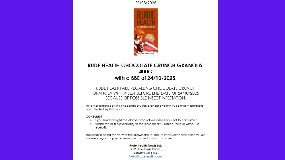 Dele Rude Rude Health Foods recalls granola over insect infestation concern ...