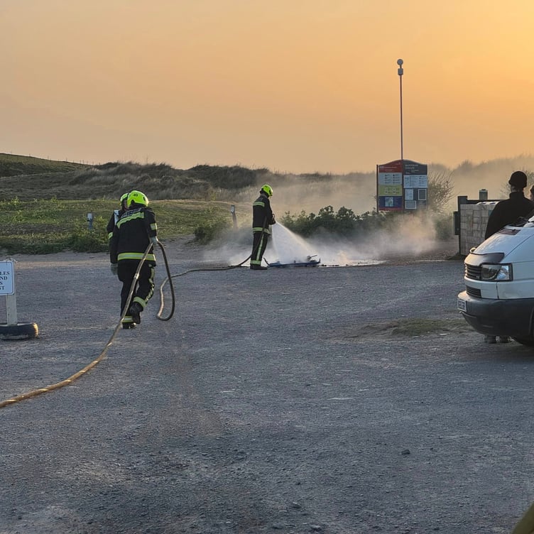 The crew extinguishes the BBQ fire at Bantham