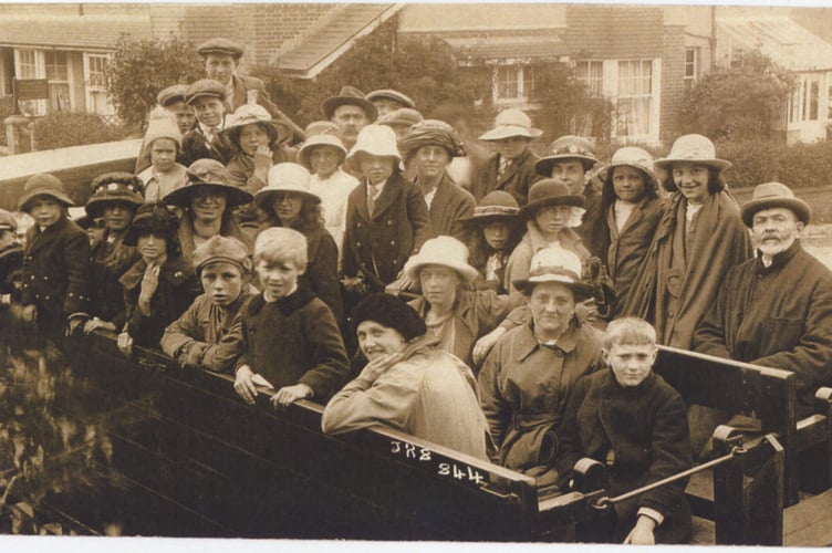 Aveton Gifford outing,  around 1925-vehicle is a lorry bus, run either by Noyces or Trants of Kingsbridge