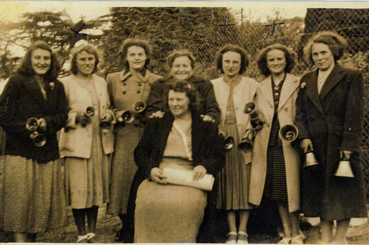 A ladies handbell team, Summer of 1949 at Fallapit House Fete
