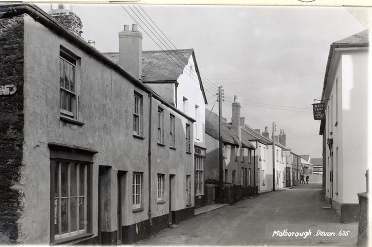 Malborough Village, Higher Town 1954, with 'Old Inn' on right, 'Royal Oak' on left.