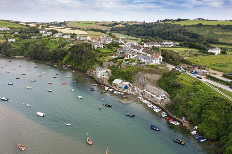 Historic England Missing Pieces Project Seaside Stories Coronation Boathouse and adjacent store building, Bantham Quay, Kingsbridge, Devon. Drone photography, aerial view from the north-west.