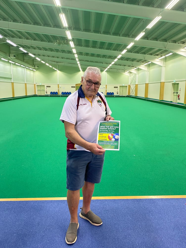 South Hams Indoor Bowls Club Chairman David Dain wearing the Club Shirt