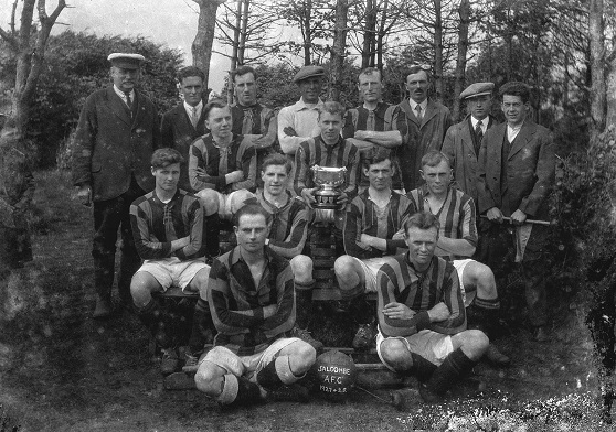 Football team photograph, date written on ball - 'Salcombe A.F.C. 1927 and 28