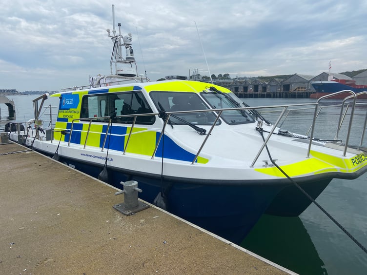 New Devon and Cornwall Police boat, Neptune, moored at Plymouth Harbour.