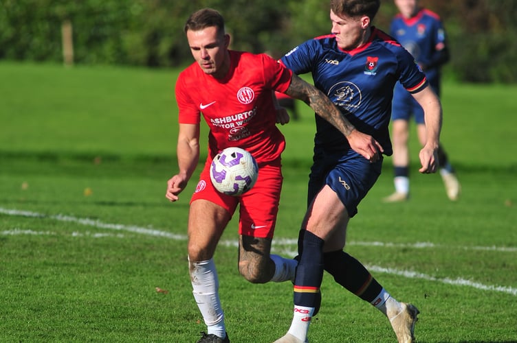 South Devon Football League Premier Division. Match action from Ilsington Villa versus East Allington United. Vllla had a 2-1 lead at half time but East Allington came back with two second-half goals to secure a 2-3 win.