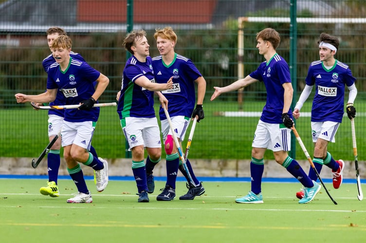 Ashmoor team mates congratulate Captain Jamie Bishop on his equaliser against Exeter University in Sunday's EHL match