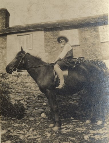 Young lady on horseback titled 'Miss H. Torr'. Higher Coombe  Farm, East Allington