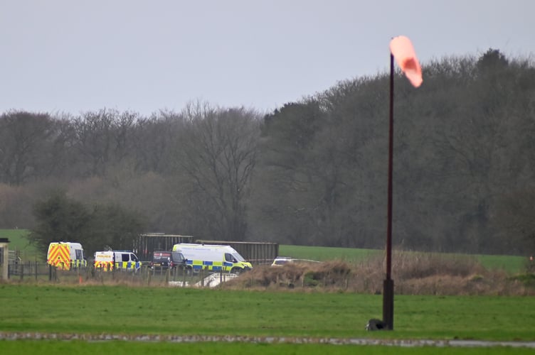 Police at Dunkeswell Airfield on Sunday morning (March 1) following the tragic death on a parachutist on the afternoon of February 28
