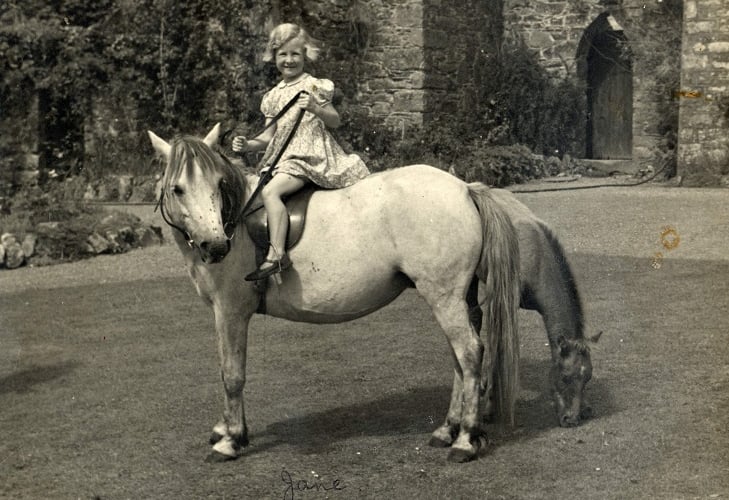 Photograph from the family of Alphaeus Ball.
Sally on a pony, with a foal in the background