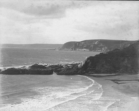 Beach scene of tide and rocks and tranquillity, Challaborough beach, pre 1914