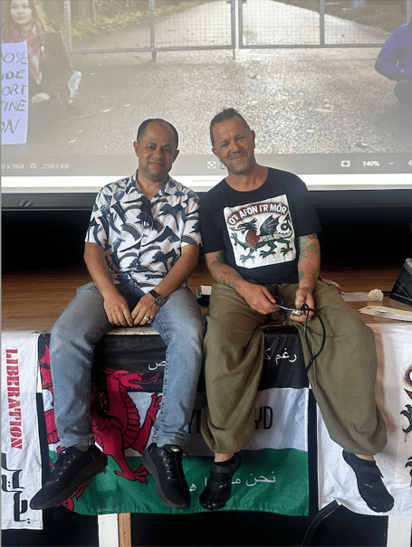 Leigh Cadno (R) and Ashraf Kuhail (L) from Gaza, The Hands Up Project Uk Coordinator 