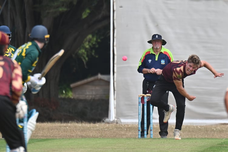 Devon Cricket League B Division.Bovey Tracey 2nd XI versus Stoke Gabriel 1st XI. Stoke bowler Adriaan Maxwell