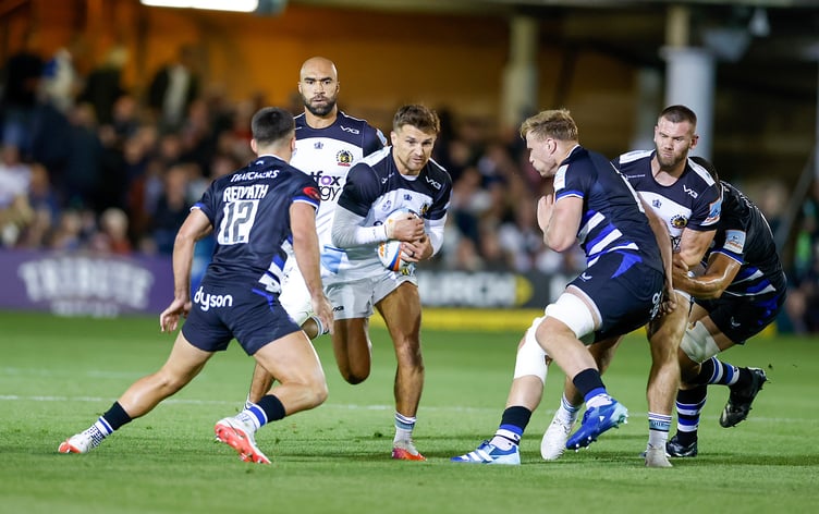Exeter Chiefs centre Henry Slade looks to find a way through the Bath defence during their PREM Rugby clash